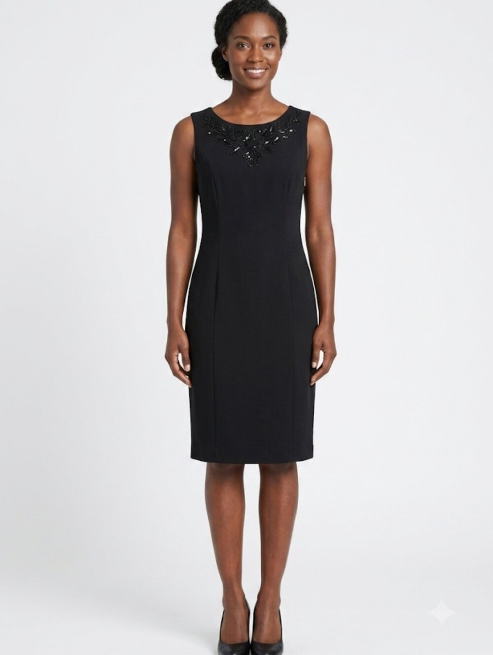 Ellen Tracy Black Beaded Sheath Dress Size 10 Midi Cocktail Formal Workwear